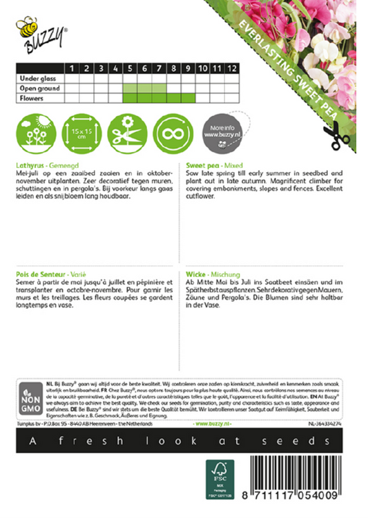 Ruusunätkelmä Everlasting Sweet Pea Mixed fröpåse bakifrån med såanvisningar
