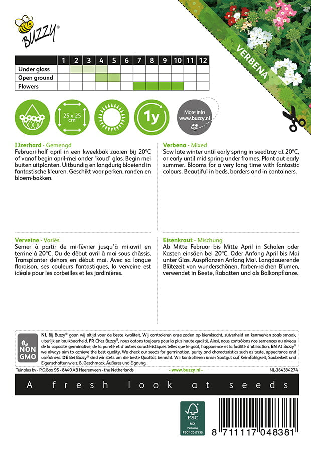 Verbena matala sekoitus fröpåse bakifrån med såanvisningar