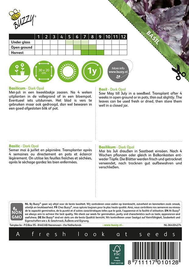 Purpurbasilika ‘Dark Opal’ – Buzzy Seeds fröpåsens baksida med såanvisningar