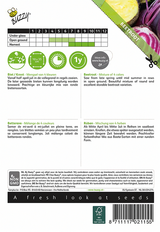 Back of the Buzzy® 4 Color Mix Beetroot (Beta vulgaris) seed packet with sowing and growing instructions.