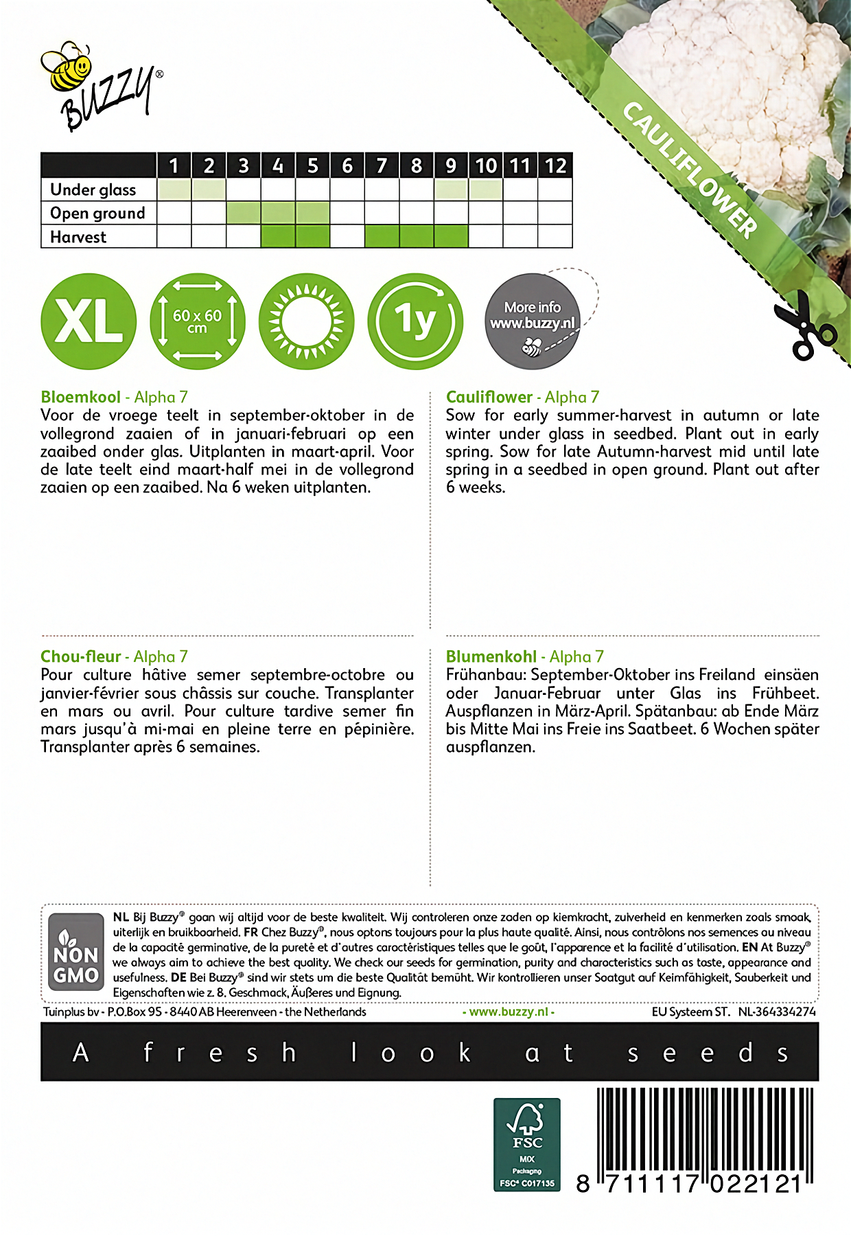Back of the Buzzy® Alpha 7 Cauliflower (Brassica oleracea) seed packet with sowing and growing instructions.