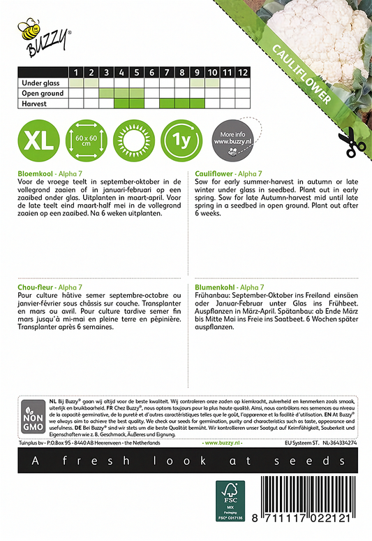 Back of the Buzzy® Alpha 7 Cauliflower (Brassica oleracea) seed packet with sowing and growing instructions.