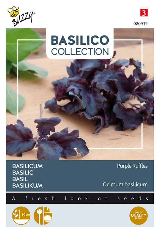 Basilika ‘Purple Ruffles’ – Buzzy Seeds fröpåsens framsida tummanvioletin basilikans bildlla