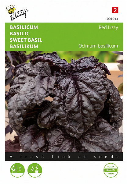 Basilika ‘Red Lizzy’ – Buzzy Seeds -siemenpussin etupuoli punalehtisen basilikan kuvalla