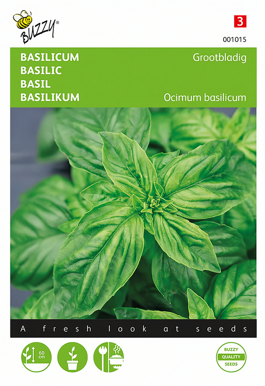 Basilika ‘Sweet Basil’ – Buzzy Seeds -siemenpussin etupuoli basilikan kuvalla