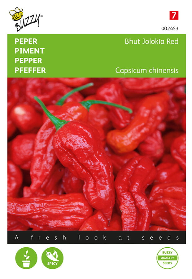 Bhut Jolokia Red -fröpåsens framsida med kirkkaanröda erittäin tulisia chilejä.