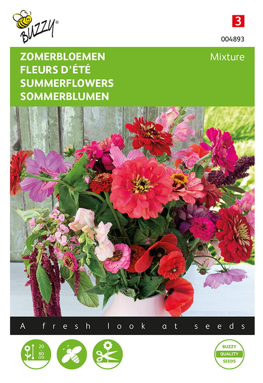Rosa & röda sommarblommor fröpåse framifrån – Buzzy®