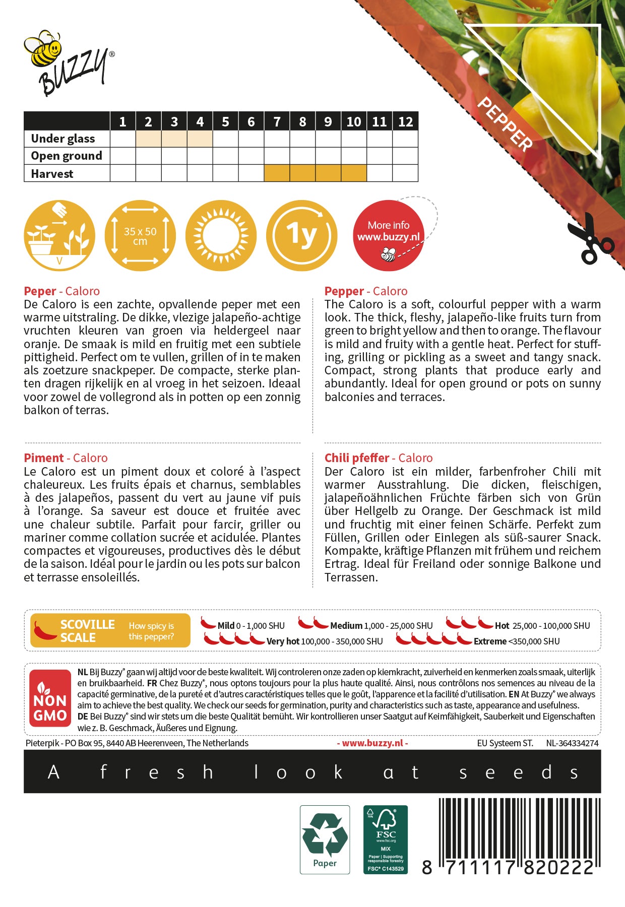 Chili ‘Caloro’ fröpåse, baksida – såanvisningar och produktinformation