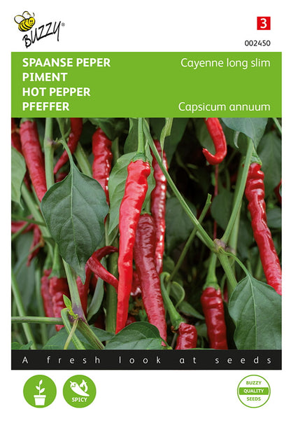 Chili Cayenne Long Slim -fröpåsens framsida med ohuita röda chilejä.