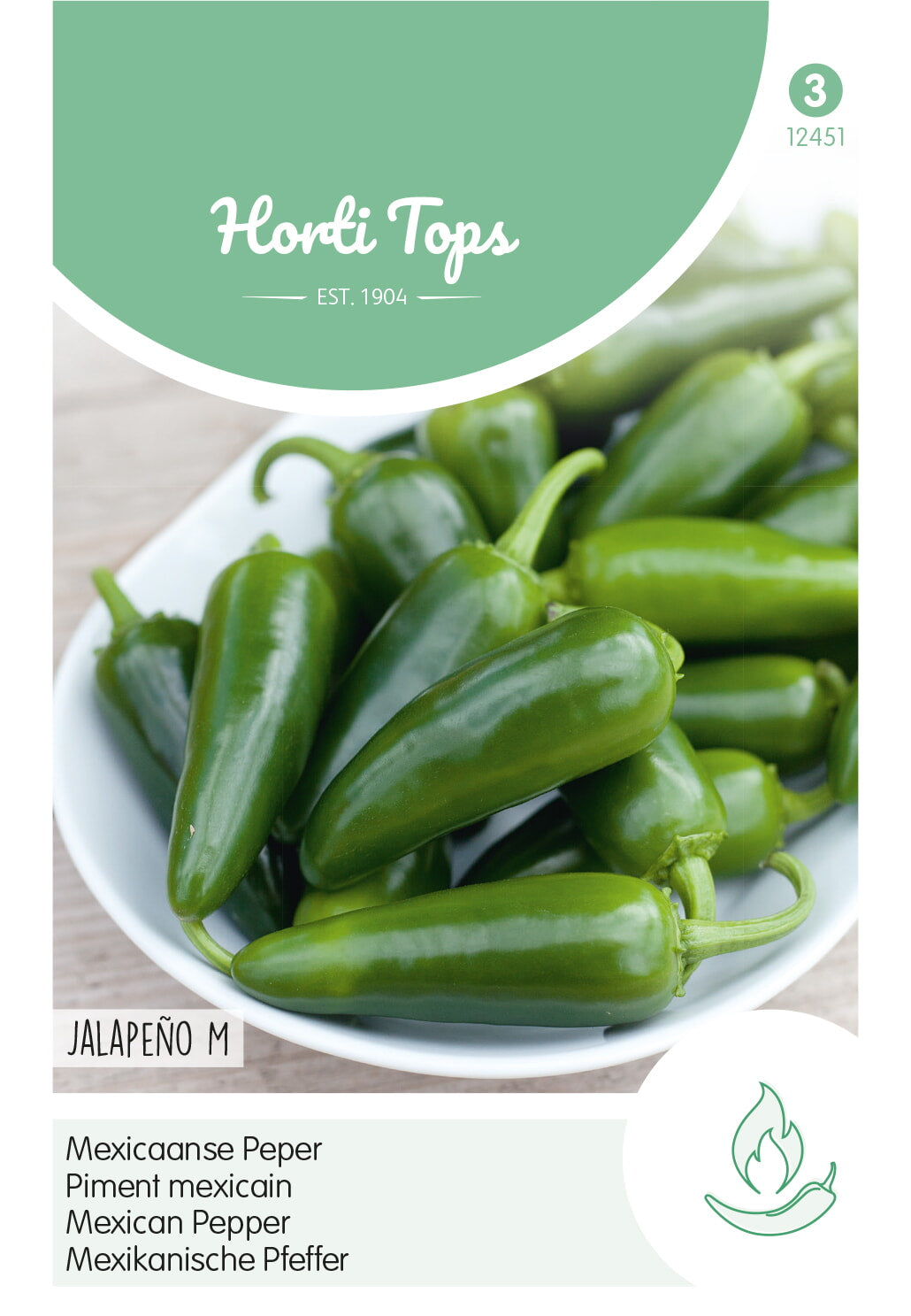 Jalapeño M -chilinsiemenpussin framsida, med mogna gröna paprikor.