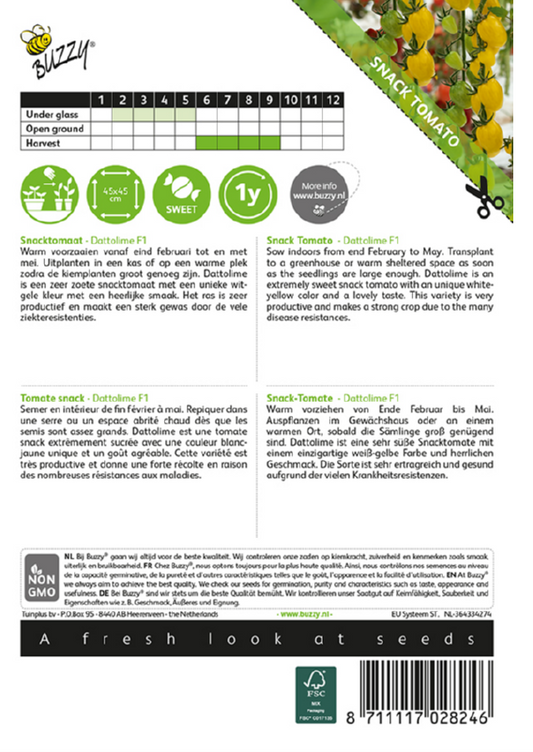 Dattolime F1 tomaatti siemenpussi takapuoli – kylvöohjeet