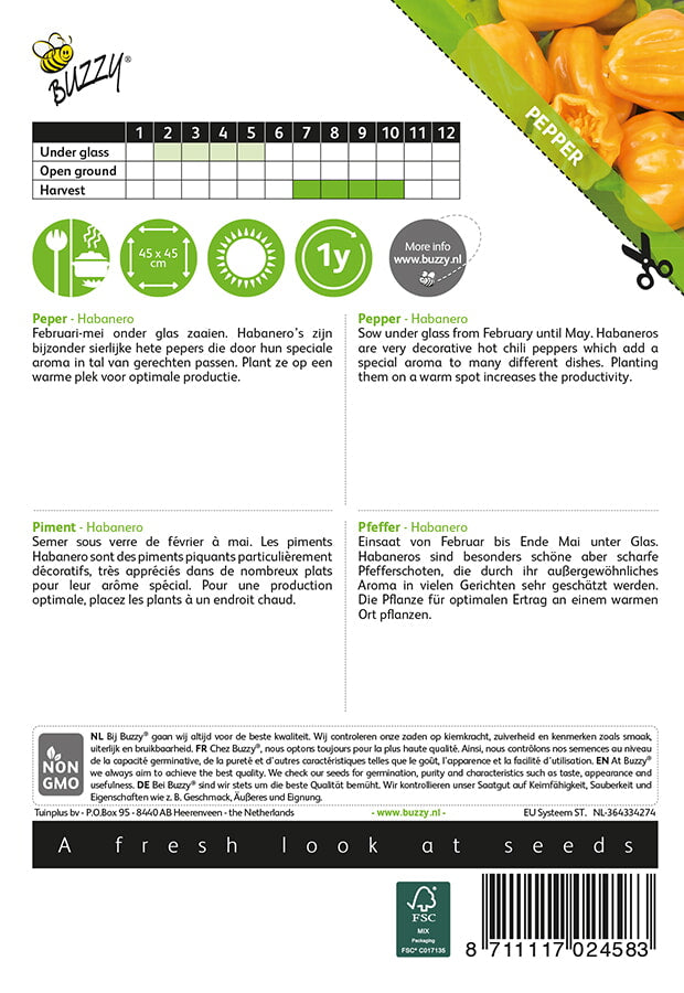 Habanero Orange -fröpåsens baksida, med produktinformation och anvisningar förkultivering.