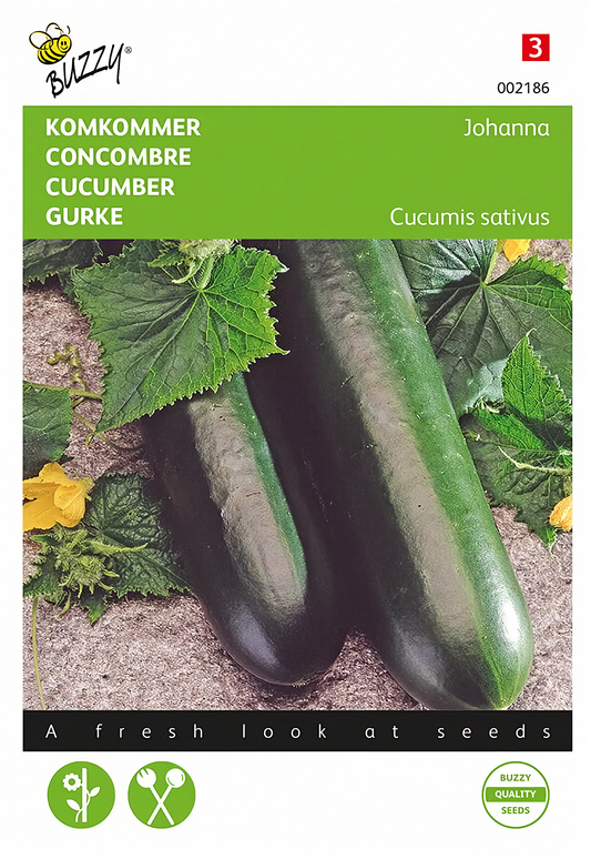 Front of the Buzzy® Johanna Slicing Cucumber (Cucumis sativus) seed packet.