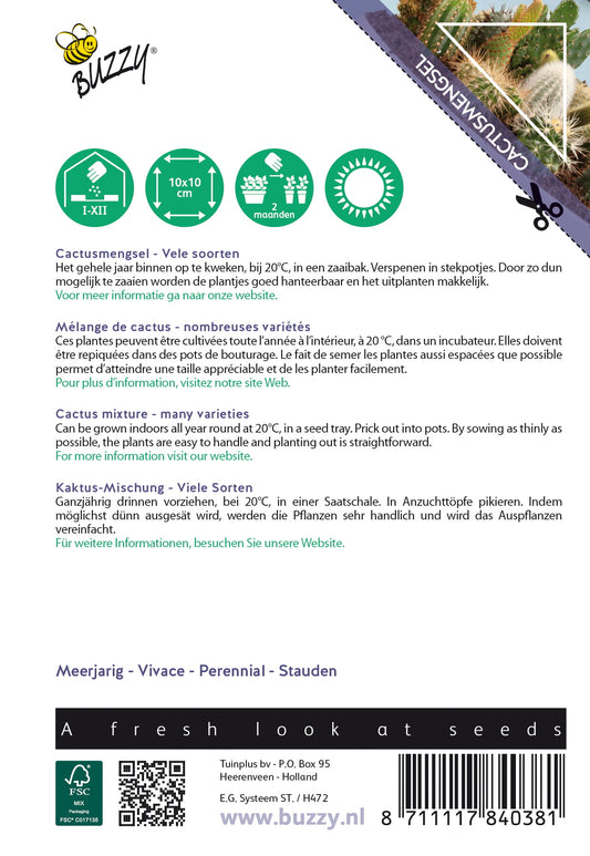 Siemenpussin takapuoli, jossa on kasvatusohjeet ja tuotetiedot.