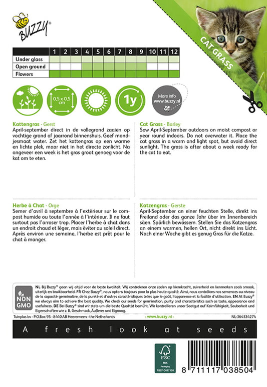 Kissanruohon siemenpussin takapuoli, jossa on kylvöohjeet ja tuotetiedot.