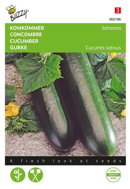 Fröpåse med Avomaankurkku ‘Johanna’ (Cucumis sativus). Kuvassa kurkkuja och Buzzy®-varumärke.
