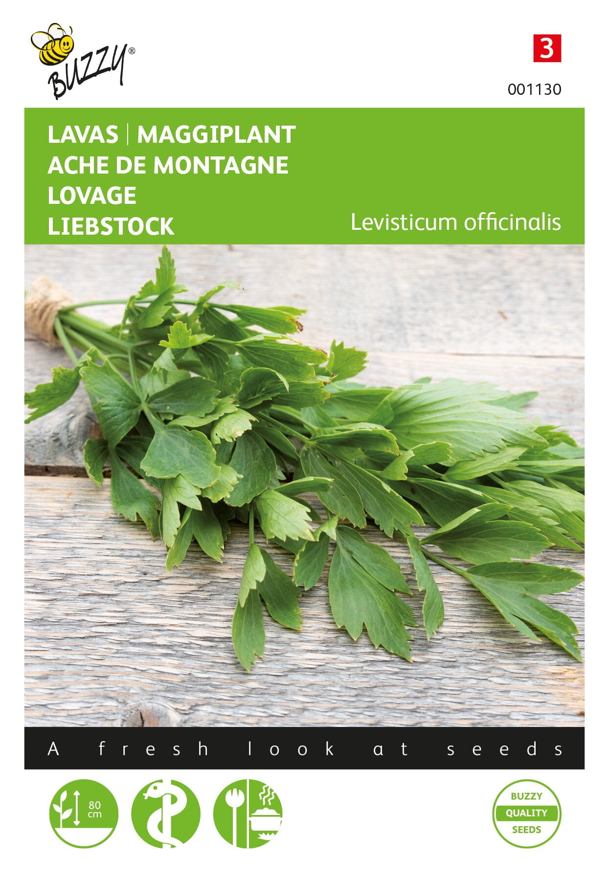 Libbsticka (Levisticum officinale) -fröpåsens framsida med ört grön och Buzzy®-logotyp