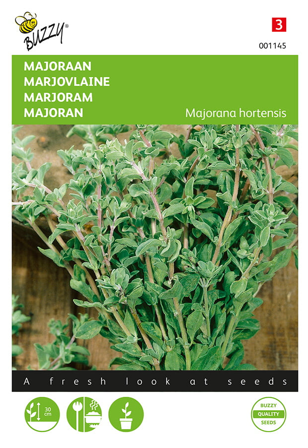 Meirami (Majorana hortensis) -fröpåsens framsida med grön ört och Buzzy®-varumärke