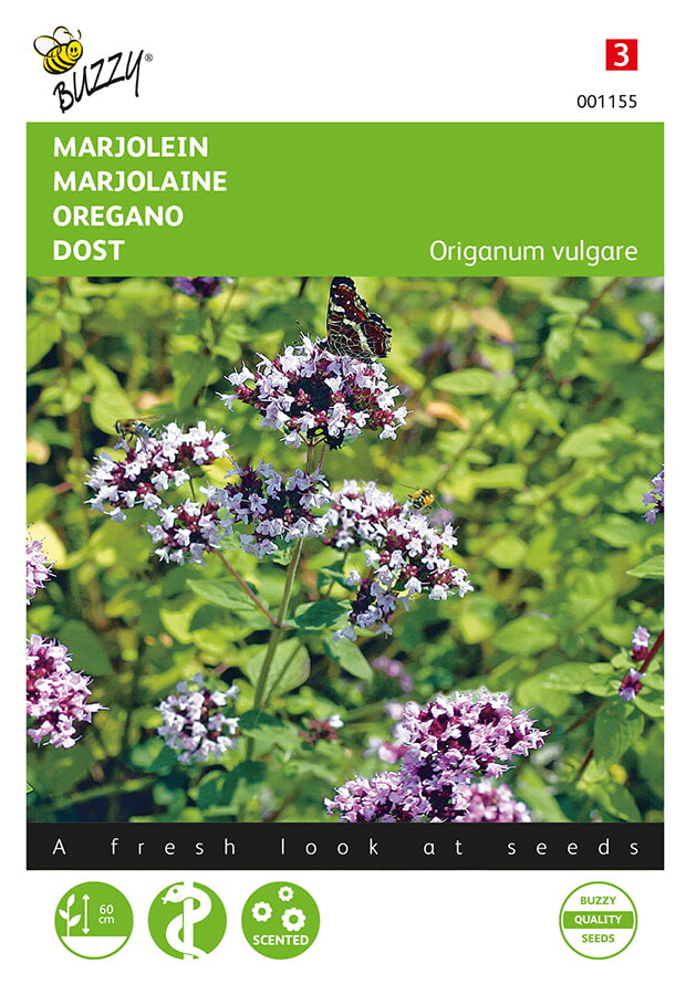 Oregano (Origanum vulgare) -fröpåsens framsida med grön ört och Buzzy®-logotyp
