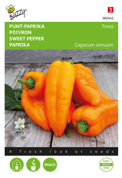 Timia F1 -paprikans fröpåsens framsida med klart orangefärgade, spetsformade paprikor.