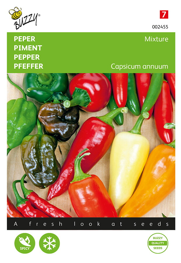 Chili Pepper Mix -fröpåsens framsida med viiden chililajikkeen flerfärgad valikoima.