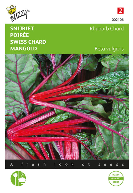 Fröpåse med Röd mangold (Beta vulgaris) -växtens bild. Buzzy®-varumärke, kirkas grön-punainen ulkoasu.