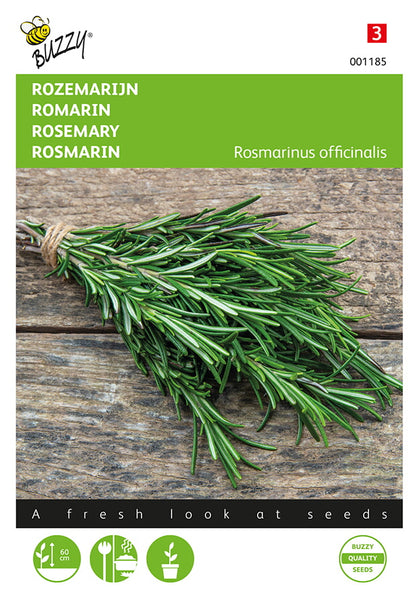 Rosmarin (Rosmarinus officinalis) -fröpåsens framsida med grön ört och Buzzy®-logotyp