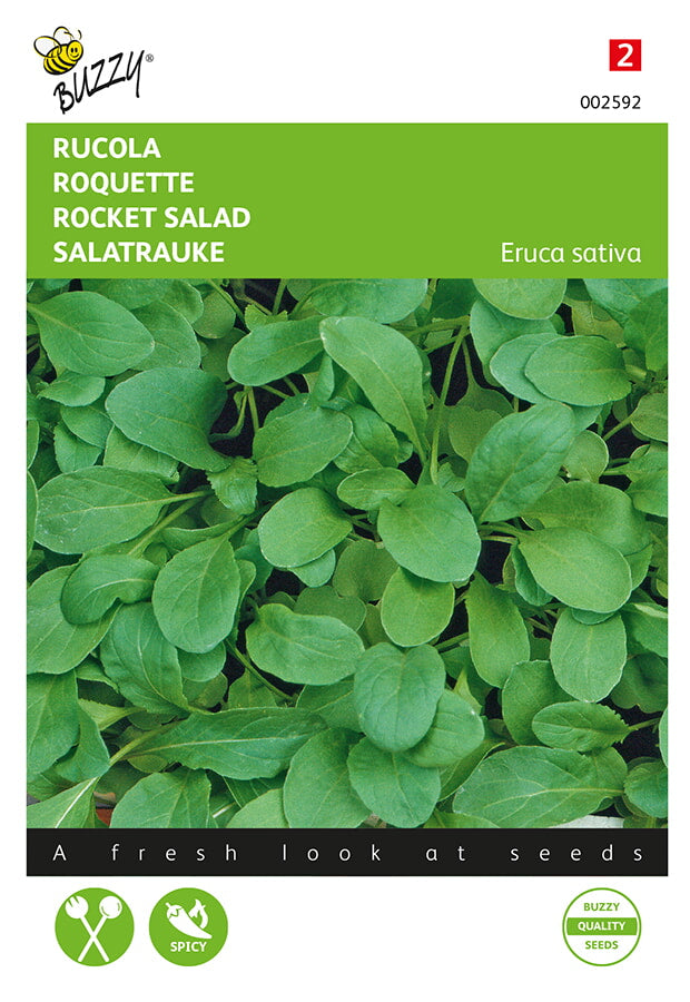 Rucola-salaattiväxtens fröpåsens framsida med gröna, rosoisia blad.