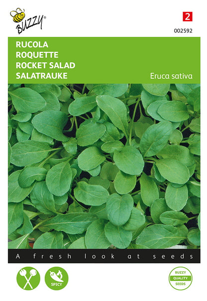 Rucola-salaattiväxtens fröpåsens framsida med gröna, rosoisia blad.