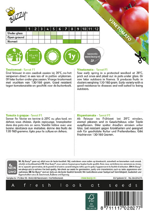 Serrat F1 tomaatti siemenpussi takapuoli – kylvöohjeet