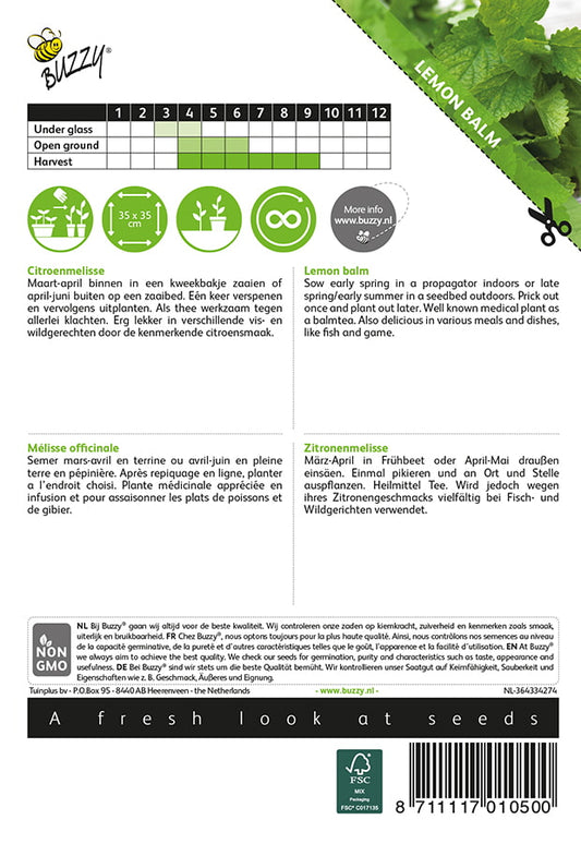 Sitruunamelissa – Melissa officinalis -tuotteen takapuoli, jossa kylvö- ja hoito-ohjeet