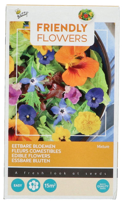 Ätbara blommor – Buzzy Seeds fröblandning 15 m², framsida.