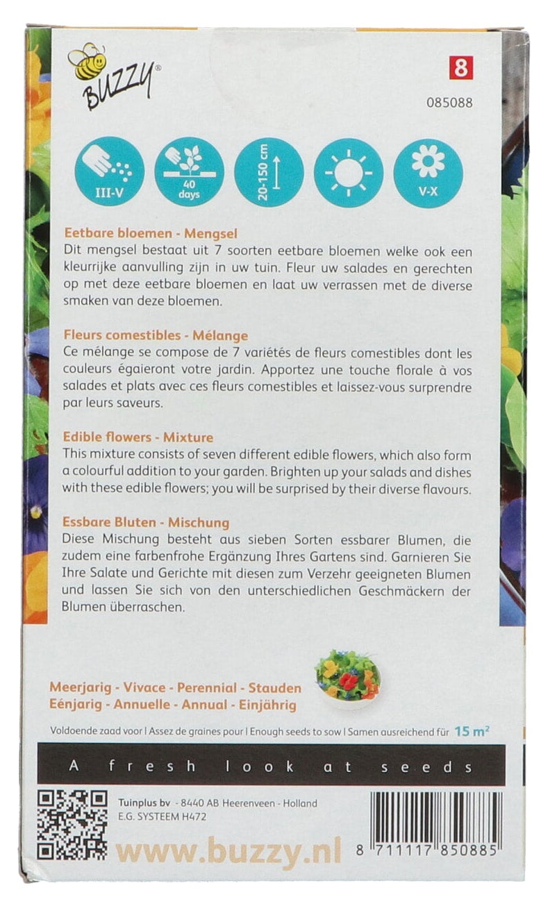 Ätbara blommor – produktinformation och anvisningar på baksidan.