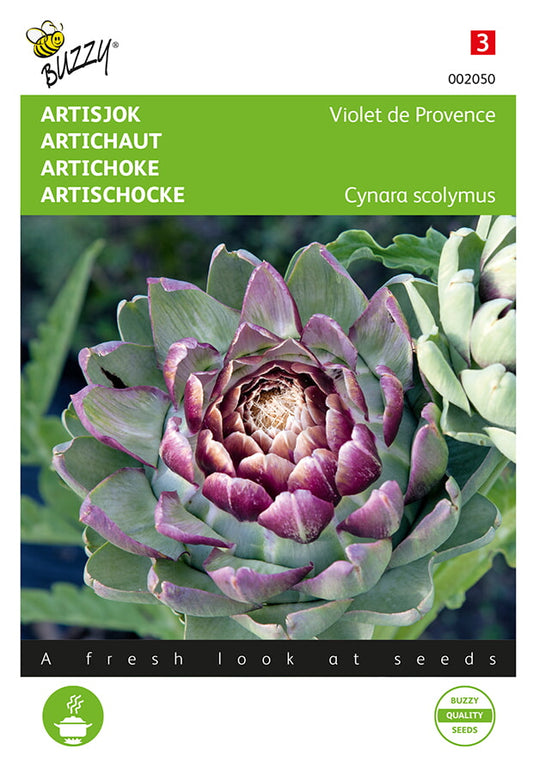 Fröpåse med violetti latva-artisokka (Cynara cardunculus). Buzzy®-varumärke, värikäs etupuolen bild.