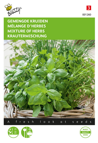 Fröpåse med Buzzy® Mixed Herbs -örtsekoitus. Monivärinen framsida och Buzzy®-varumärke.
